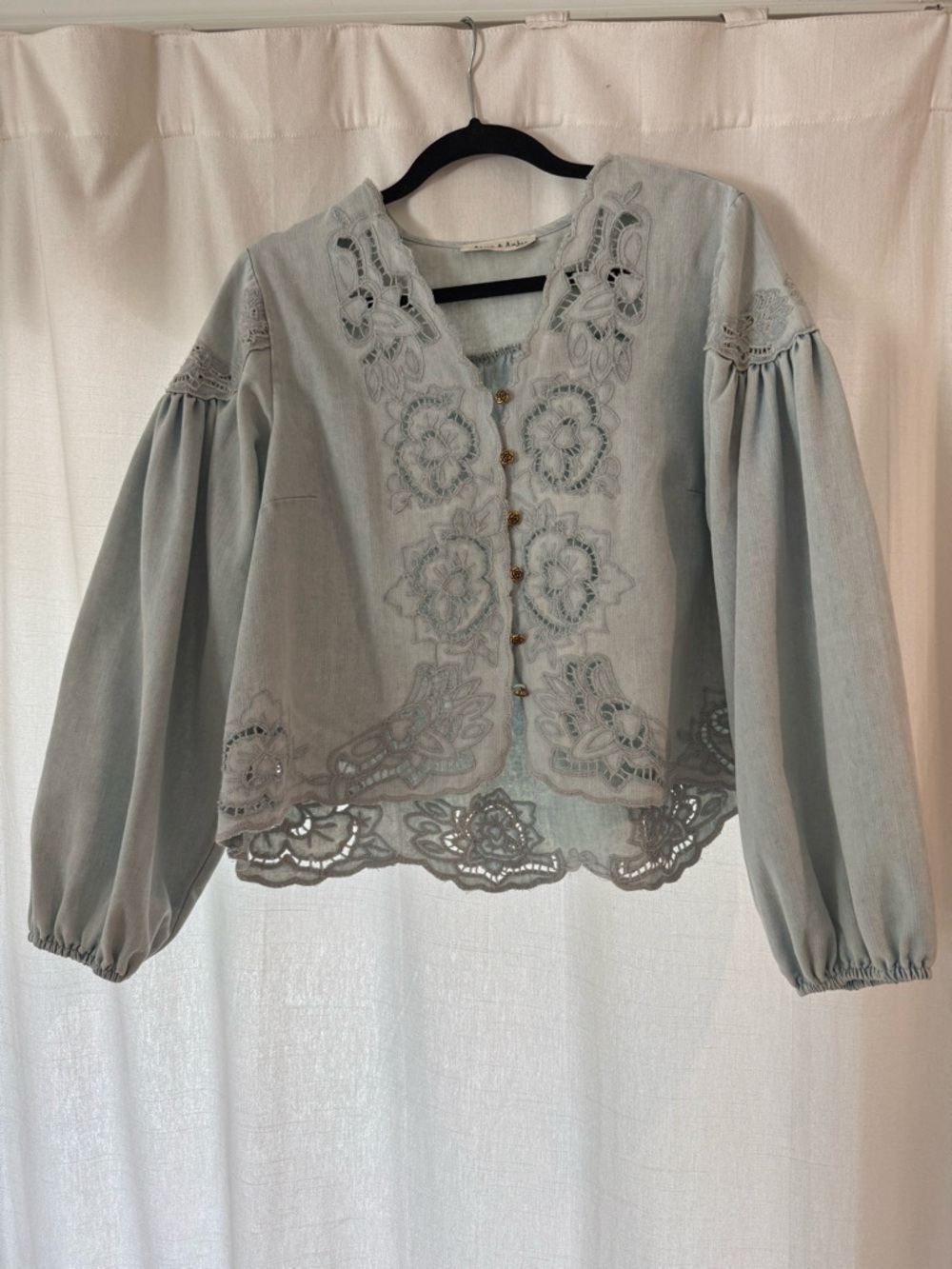 Light Blue Embroidered Peasant Blouse - Women Size Medium- never worn